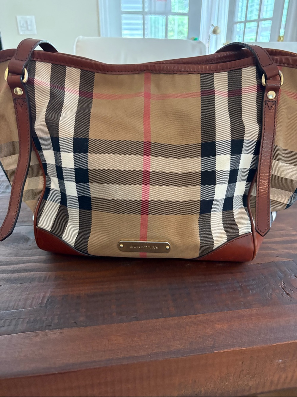 Burberry Beige Plaid Shoulder Bag with Brown Leather Trim